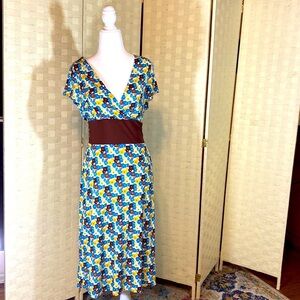 FAITH PASSION SHORT SLEEVE V NECK DRESS RETRO Floral Brown Sash Sz Large…